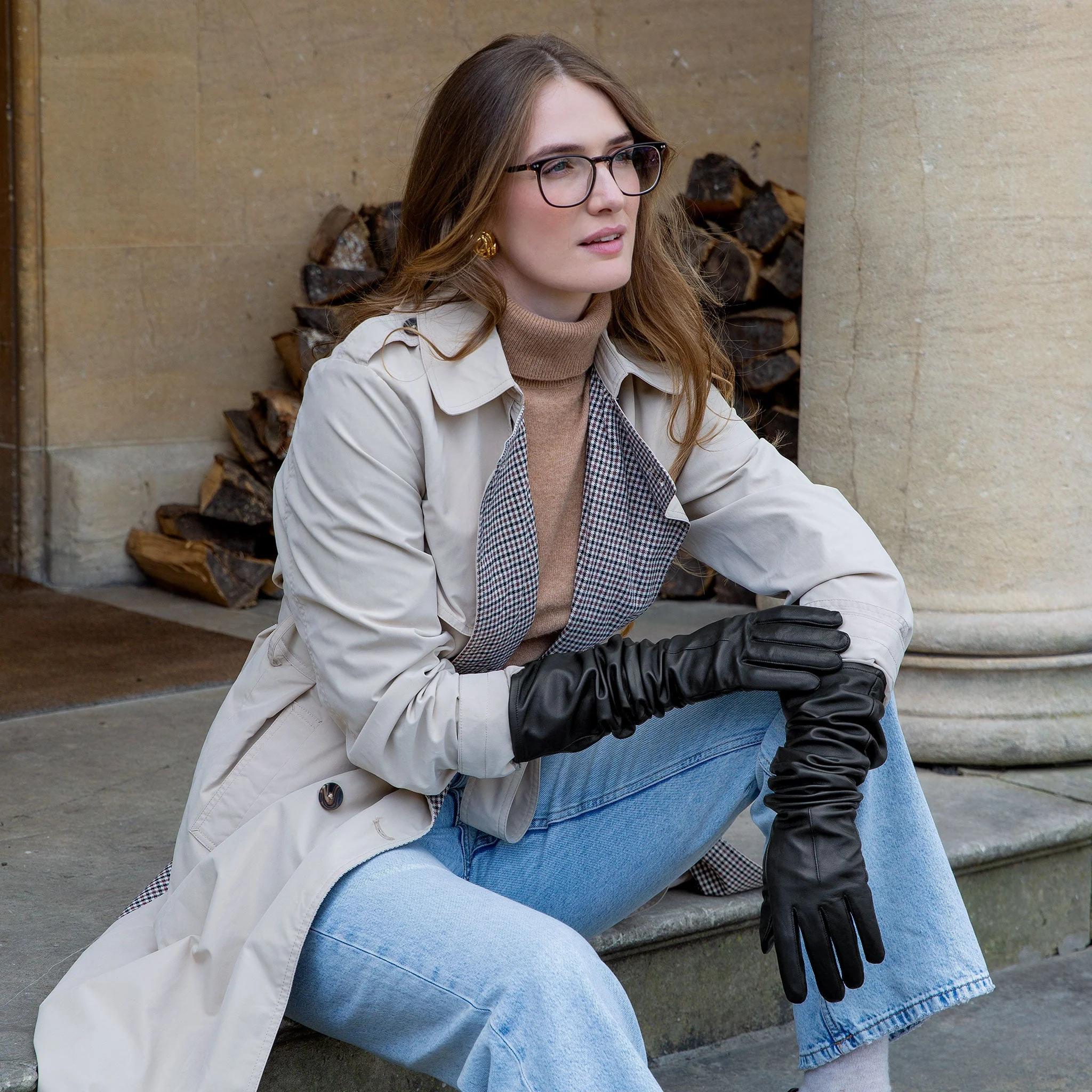 Women's Single-Point Long Above-Elbow Lined Leather Gloves - Image 64