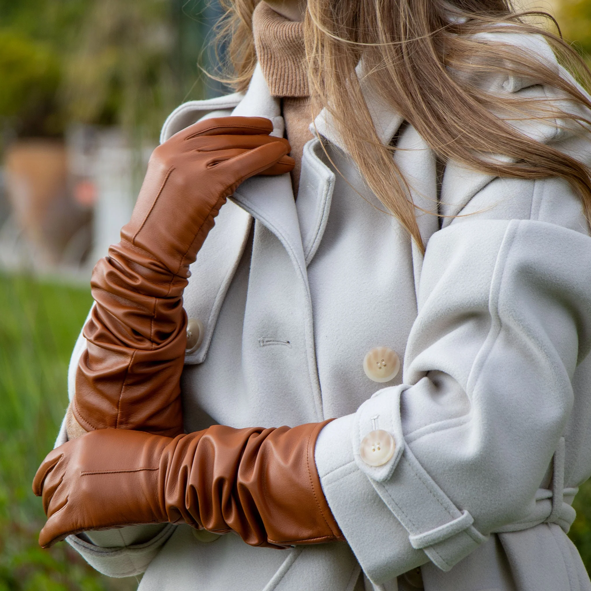 Women's Single-Point Long Above-Elbow Lined Leather Gloves - Image 76